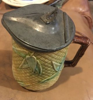 Antique Majolica SYRUP PITCHER with Embossed LEAF Bamboo Basket Weave Tin Lid 2