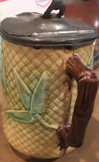 Antique Majolica SYRUP PITCHER with Embossed LEAF Bamboo Basket Weave Tin Lid 4