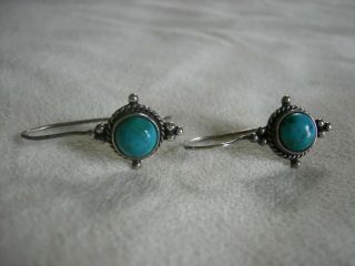 Vtg/antique Old Pawn Sterling Silver/turquoise French Earwire Pierced Earrings
