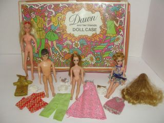 Vintage Dawn And Her Friends Doll Case,  4 Dolls Gary,  Rock Flowers - Clothes Wig