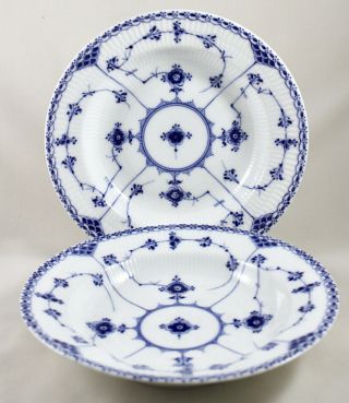 Antique Royal Copenhagen Blue Fluted Half Lace 9½ " Soup Plates X 2 565 Af