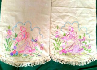 Pair Vintage Art Deco Hand Embroidered Chair Back Covers Crinoline Lady/florals