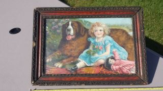 Antique Framed Litho Picture Girl W/ Her Doll & Dog Oranate Frame
