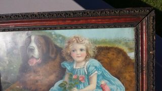 Antique Framed Litho Picture Girl w/ Her Doll & Dog Oranate Frame 2
