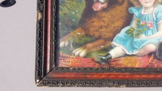Antique Framed Litho Picture Girl w/ Her Doll & Dog Oranate Frame 4