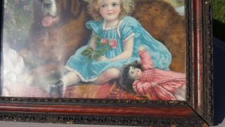 Antique Framed Litho Picture Girl w/ Her Doll & Dog Oranate Frame 5