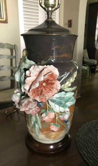 Antique French Barbotine Majolica Applied Flower Vase Lamp Large Vgc