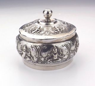 Antique Oriental Burmese White Metal - Silver Lidded Box - 19th Century