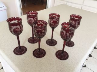 6 Bohemian Ruby Flashed Etched Glass Goblets Stag Castle Tall Stem 7 3/8 Inch