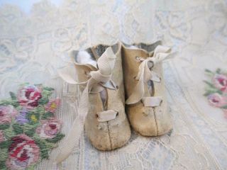 Antique German Bisque Doll Boots Shoes Lace - Up Beige Leather Small Size