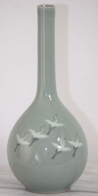 Korean Crackle Glaze Porcelain Celadon Bottle Teardrop Vase Storks Cranes