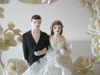 Vintage 1950 ' S Bride & Groom Wedding Cake Topper Hand Painted Chalkware 2