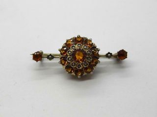 Antique Victorian Georgian Orange Stone Pearl Bar Pin Brooch 14kt Gold Filled