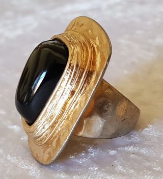 Silver Plate & Black Stone Vintage Art Deco Antique Chunky Ring - Size Q 1/2