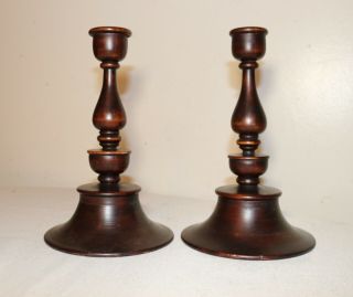 Pair Antique 19th Century Hand Turned English Wooden Candlesticks Candle Holders