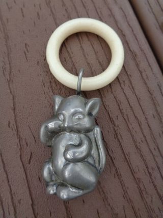 Vintage Silver Cat Baby Rattle/teething Ring