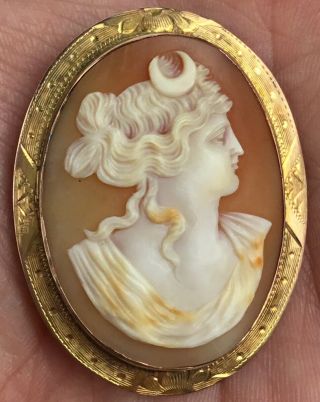 Antique Vintage Large 2 " Cameo Brooch Pin Set In 10k Yellow Gold