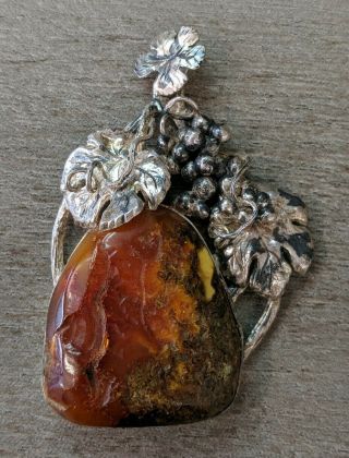 Vintage Antique Sterling Silver Amber Pendant Grapevine And Cluster Design
