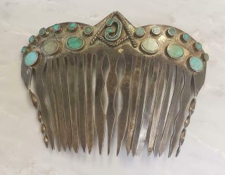 Antique Sterling Silver Hair Comb With Turquoise Accents 14 - G2600
