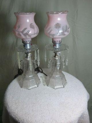 Antique Glass Table Lamps W/ Pink Floral Tulip Shape Glass Shades Set Of 2