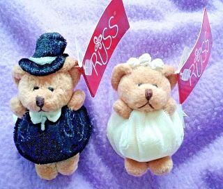 Vintage Miniature 3 " Russ Berrie Bride & Groom Plush Bears Gift Toppers