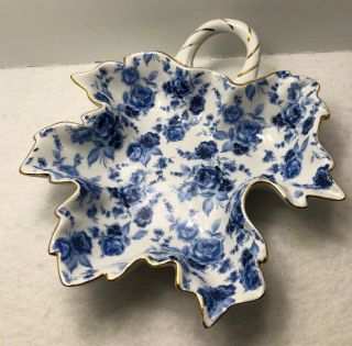 J.  Godinger Antique Reflections Blue White Leaf Candy Dish With Handle Trinket
