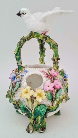 Antique 9 Inch Dresden Flower Encrusted Dove Bird Pot Pourri Basket Vase C1900