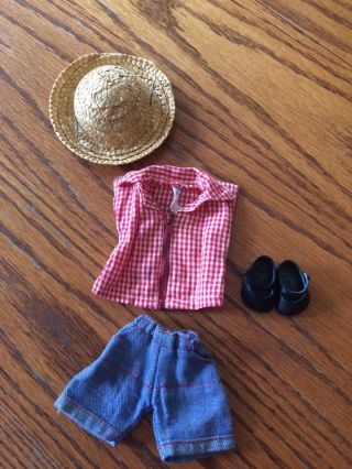 Vintage Vogue Ginny Doll Zippered Shirt,  Jean Shorts With Straw Hat And Shoes