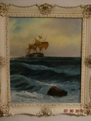 Vintage Seascape Oil Painting On Canvas " Ship At Stormy Ocean " Signed