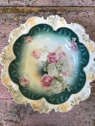 Antique Rs Prussia Red Mark Pink Roses Hydrangea Bowl Iridescent Floral Mold