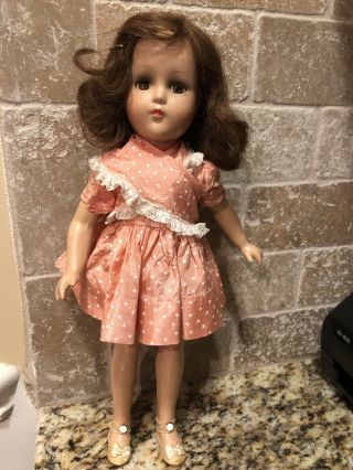 Vintage 14 " Composition Doll With Sleep Eyes And Pink Polka Dot Dress