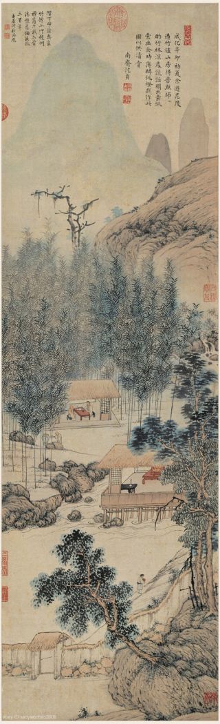 Chinese Old Scroll Painting Mountain Landscape Thatched Pavilion In Bamboo Grove