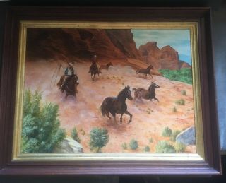 Vintage Mid Century Western Art Oil Painting Horses Cowboys Signed B Tiedemann