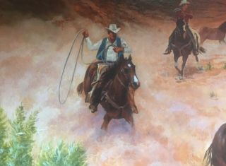 Vintage Mid Century Western Art Oil Painting Horses Cowboys Signed B Tiedemann 3