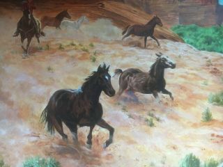 Vintage Mid Century Western Art Oil Painting Horses Cowboys Signed B Tiedemann 4