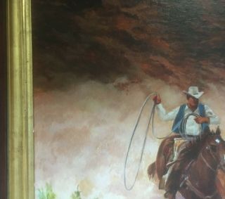 Vintage Mid Century Western Art Oil Painting Horses Cowboys Signed B Tiedemann 5