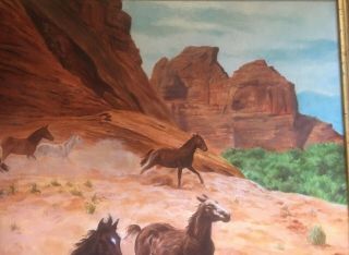 Vintage Mid Century Western Art Oil Painting Horses Cowboys Signed B Tiedemann 7