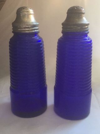 Antique Cobalt Blue Glass Ribbed Large Salt And Pepper Shaker W Lids