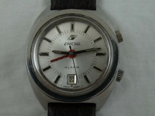 Enicar Alarm 17 J.  Vintage S.  Steel Swiss Mens Precision Wind Up Date Watch