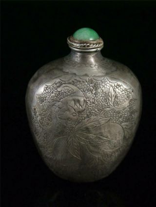 Old Chinese Silver Made Snuff Bottle.  Incised With A Bat And Peah On One Surface