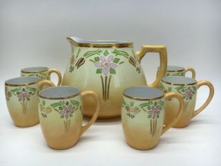 Art Nouveau Jugendstil German Painted Porcelain Drinks Set Pitcher Cups Pottery