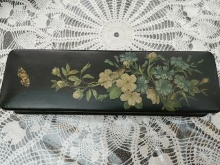 Antique Chinese/japanese Black Lacquer Papier Mache Box Flowers Hand Painted 2