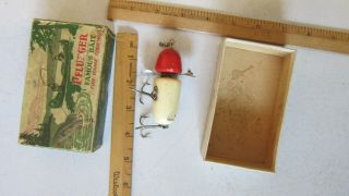 Vintage Pflueger Globe Wooden Fishing Lure White/red Head,  2 - 3/4 W/original Box