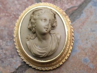 Antique 14k Yellow Gold Lava Stone High Relief Young Lady Cameo Brooch / Pin