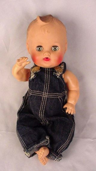 Vintage Baby Boy Sun Rubber Drink Wet & Squeak Doll W/ Sleepy Eyes & Lee Overall