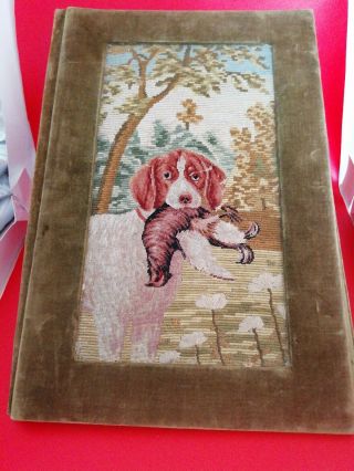 Antique Velvet Framed Tapestry Needlepoint Embroidered Hunting Dog & Pheasant