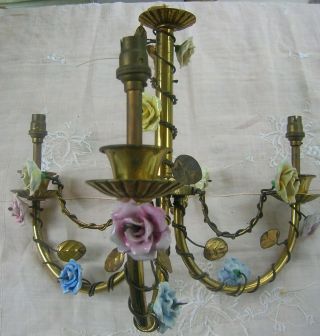 Antique Vtg.  Brass & Porcelain Flowers Petite Chandelier Lamp Repair Parts Only