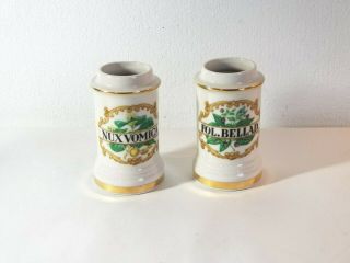 2 Apothecary Jar Nuxvomica & Fol.  Bellad Ceramic Pharmacy Chemist Old Jars