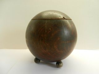Antique Solid Wood Spherical Tea Caddy.  With Silver Plate Mounts And Ball Feet