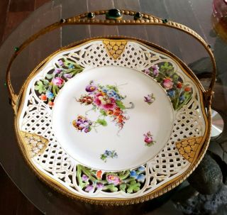 Gorgeous Antique Reticulated German Silesia Brides Basket W/ Jeweled Handle